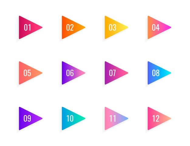 Super set de banderas triangulares de punto de viñeta de flecha sobre fondo blanco. Marcadores de degradado de colores con números del 1 al 12. Ilustración vectorial moderna.
