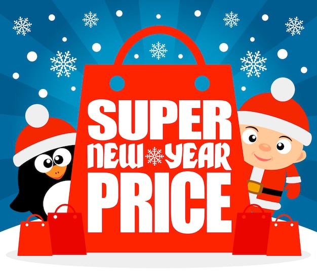 Super tarjeta de precio de año nuevo con niño y pingüino