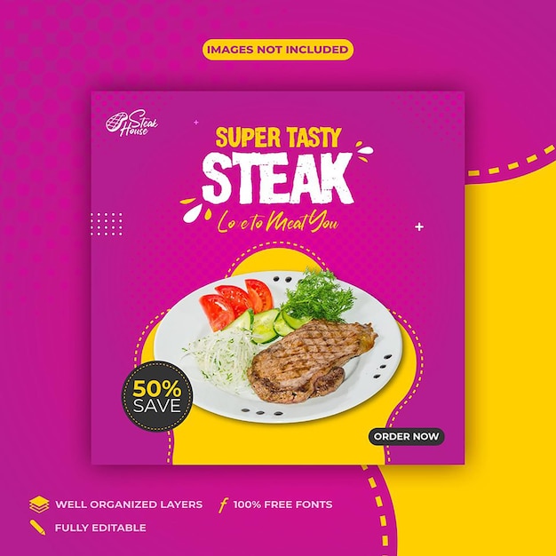 Super tasty steak food chicken plantilla de publicación en redes sociales