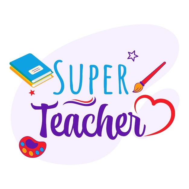 Super Teacher Lettering con cuadernos en forma de corazón Paleta de colores Pincel contra el fondo