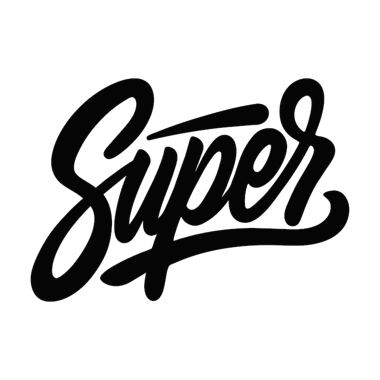 Vector super texto con letras negras y logotipo escrito a mano en blanco