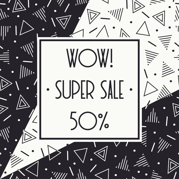 Super venta banner de memphis. Descuento hasta el 50 por ciento de descuento. Compra ahora. La mitad de precio de descuento.