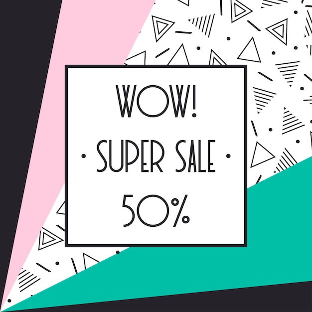 Super venta banner de memphis. Descuento hasta el 50 por ciento de descuento. Compra ahora. La mitad de precio de descuento.