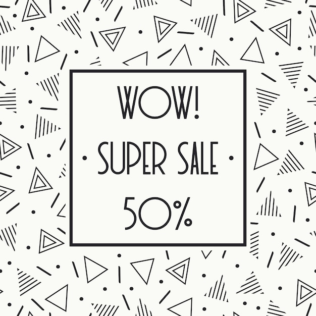 Super venta banner de memphis. Descuento hasta el 50 por ciento de descuento. Compra ahora. La mitad de precio de descuento.