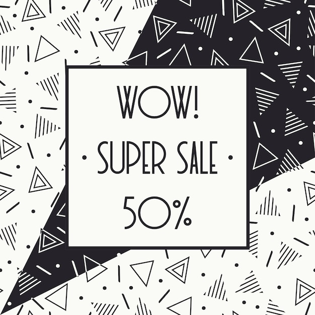 Super venta banner de memphis. Descuento hasta el 50 por ciento de descuento. Compra ahora. La mitad de precio de descuento.