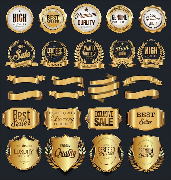 Super venta retro insignias y etiquetas de oro colección de vectores
