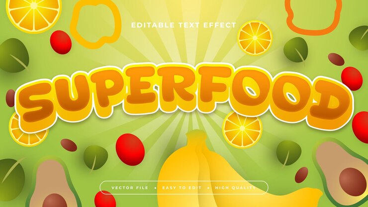 Vector superalimentos coloridos estilo de fuente de efecto de texto editable en 3d
