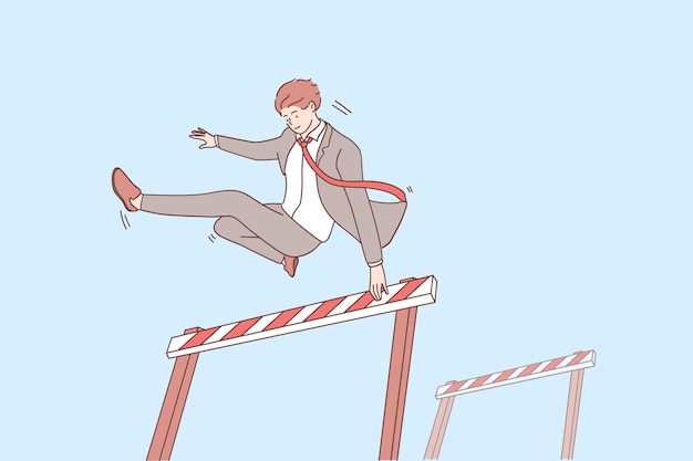 Superar obstáculos y concepto de liderazgo. Personaje de dibujos animados joven empresario sonriente confiado saltando por encima de obstáculos