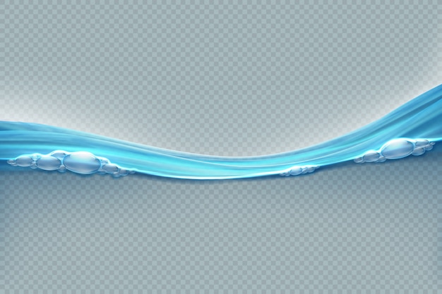 Superficie de agua transparente. Ola realista splash nivel del agua de mar con burbujas y gotas. Plantilla 3D de movimiento de agua