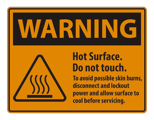 Superficie caliente No toque para evitar posibles quemaduras de la piel Desconectar y bloquear la energía y permitir que la superficie se enfríe antes de servir Símbolo de señal aislado en fondo blanco Ilustración vectorial