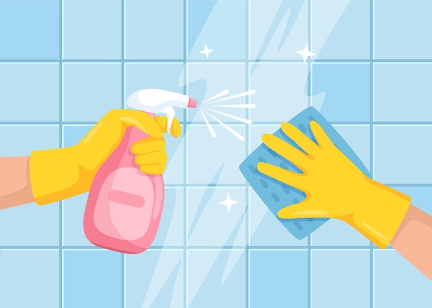 Superficie de limpieza Manos con botella de spray y paño limpiando la ilustración de pared de azulejos de baño