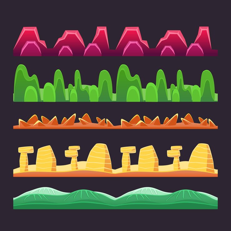 Vector superficie de suelo sin costuras conjunto de fantasía elementos de diseño de paisaje sin fin para computadoras interfaz de juego vectorial ilustración aislada en un fondo negro
