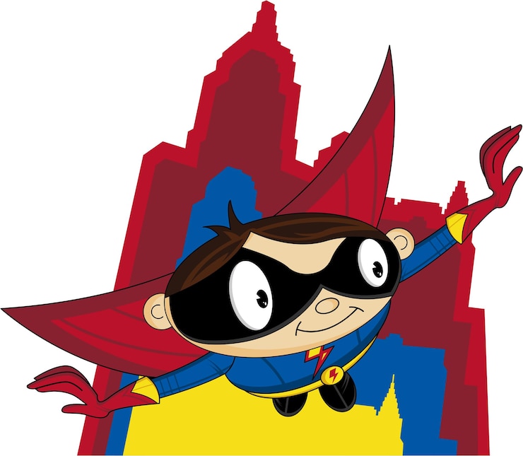 Vector un superhéroe con una capa roja y guantes amarillos vuela frente a un paisaje urbano rojo.