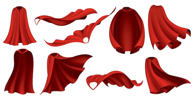 Vector superhéroe capas rojas vestido de mascarada de carnaval diseño de vestuario realista en 3d capa de seda de tela escarlata en diferentes posiciones vista frontal y vista superior traje de manto volador