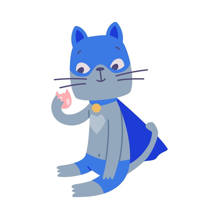 Vector superhéroe gato gris con máscara azul y capa con ilustración del vector de superpoder