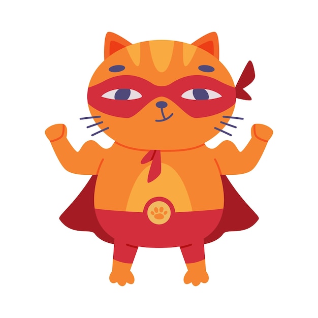 Superhéroe Ginger Cat con máscara roja y capa de pie y mostrando la ilustración del vector muscular