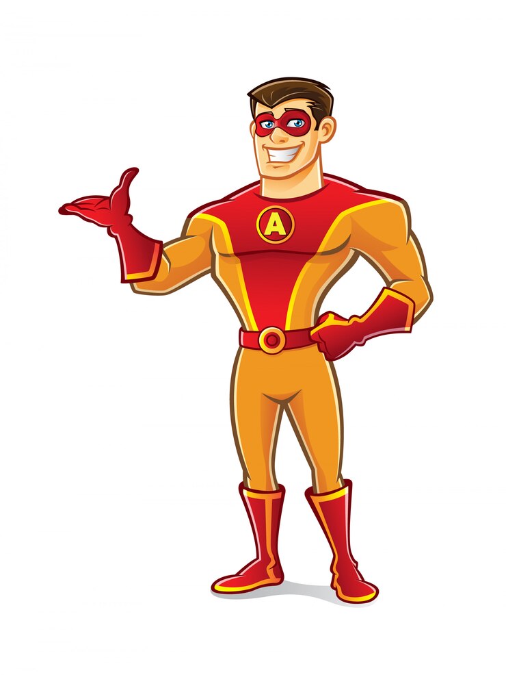 Vector el superhéroe guapo de dibujos animados con una máscara está de pie e invita a dar la bienvenida