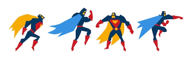 El superhéroe hombre musculoso con máscara y capa en diferentes conjuntos vectoriales de posturas