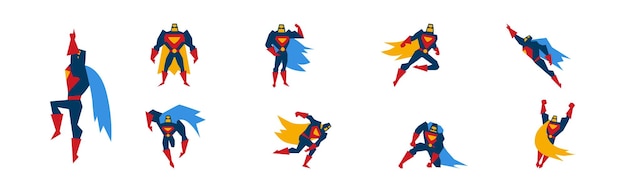 El superhéroe hombre musculoso con máscara y capa en diferentes conjuntos vectoriales de posturas