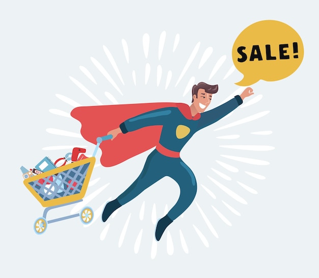Superhéroe joven feliz en un traje de superhéroe de compras y volar