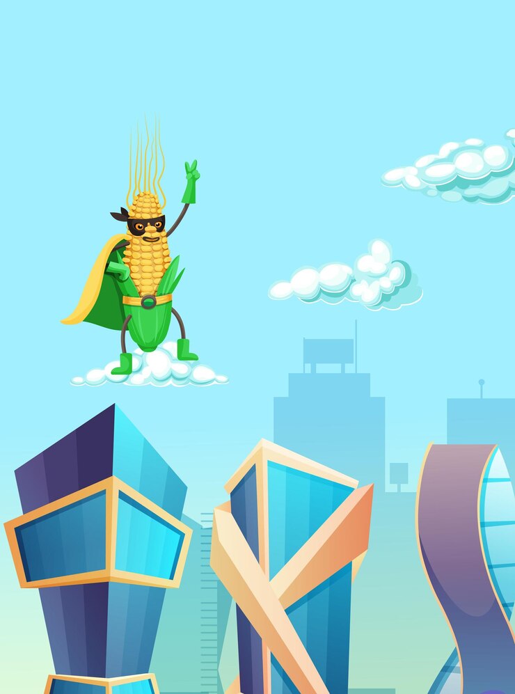 Vector superhéroe de maíz volando en el cielo sobre rascacielos divertido personaje volador de dibujos animados disfrazado de superhéroe enmascarado futuro horizonte de la ciudad de metrópolis construyendo desde nubes blancas sobre fondo de cielo azul vector