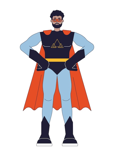 Superhéroe con máscara de línea plana personaje vectorial de color hombre empoderado en traje protegiendo el mundo Contorno editable persona de cuerpo completo en blanco Ilustración simple de spot de dibujos animados para diseño gráfico web
