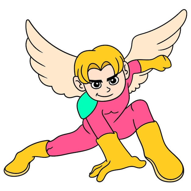 El superhéroe masculino guapo alado con superpoderes, doodle dibujar kawaii. arte de la ilustración