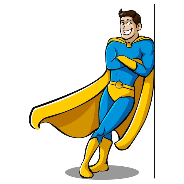 El superhéroe sonriente apoyado en la pared
