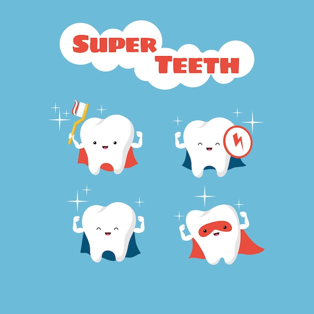 Superhéroe sonriente niños dientes vector personajes