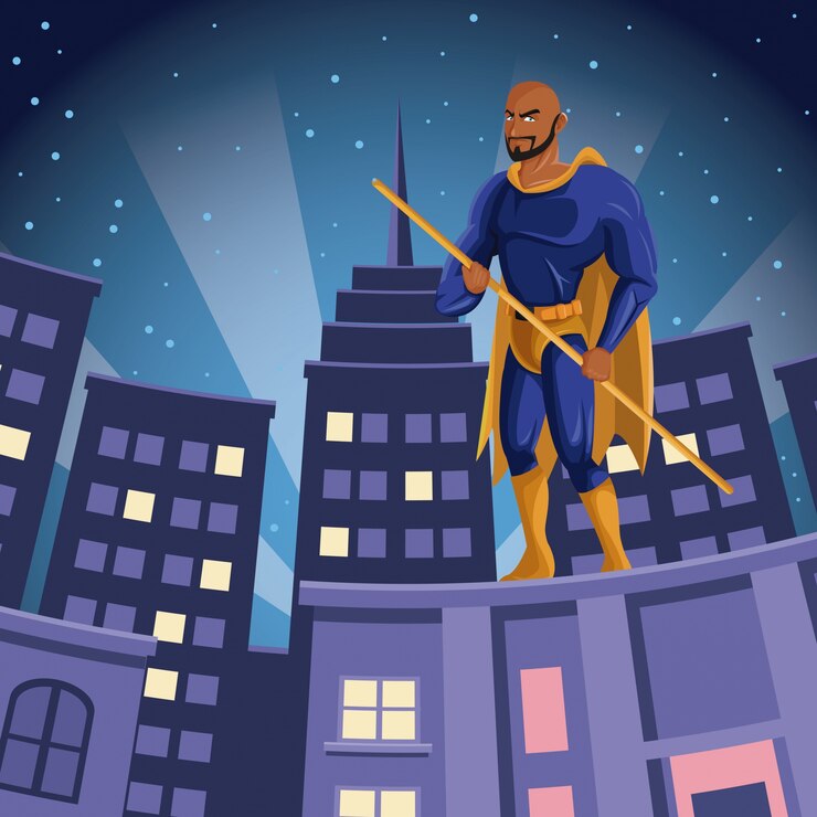 Vector superhéroe vigilando la construcción de la vista nocturna de la ciudad