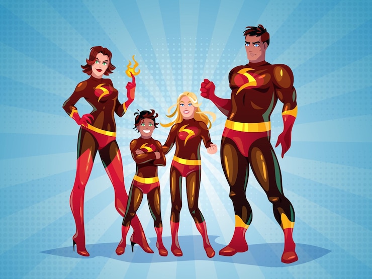 Vector superhéroes familia padres de dibujos animados con niños en trajes superpoderes y habilidades de fuego personajes de cómics niños y padres madre y padre hijo e hija concepto vectorial ordenado