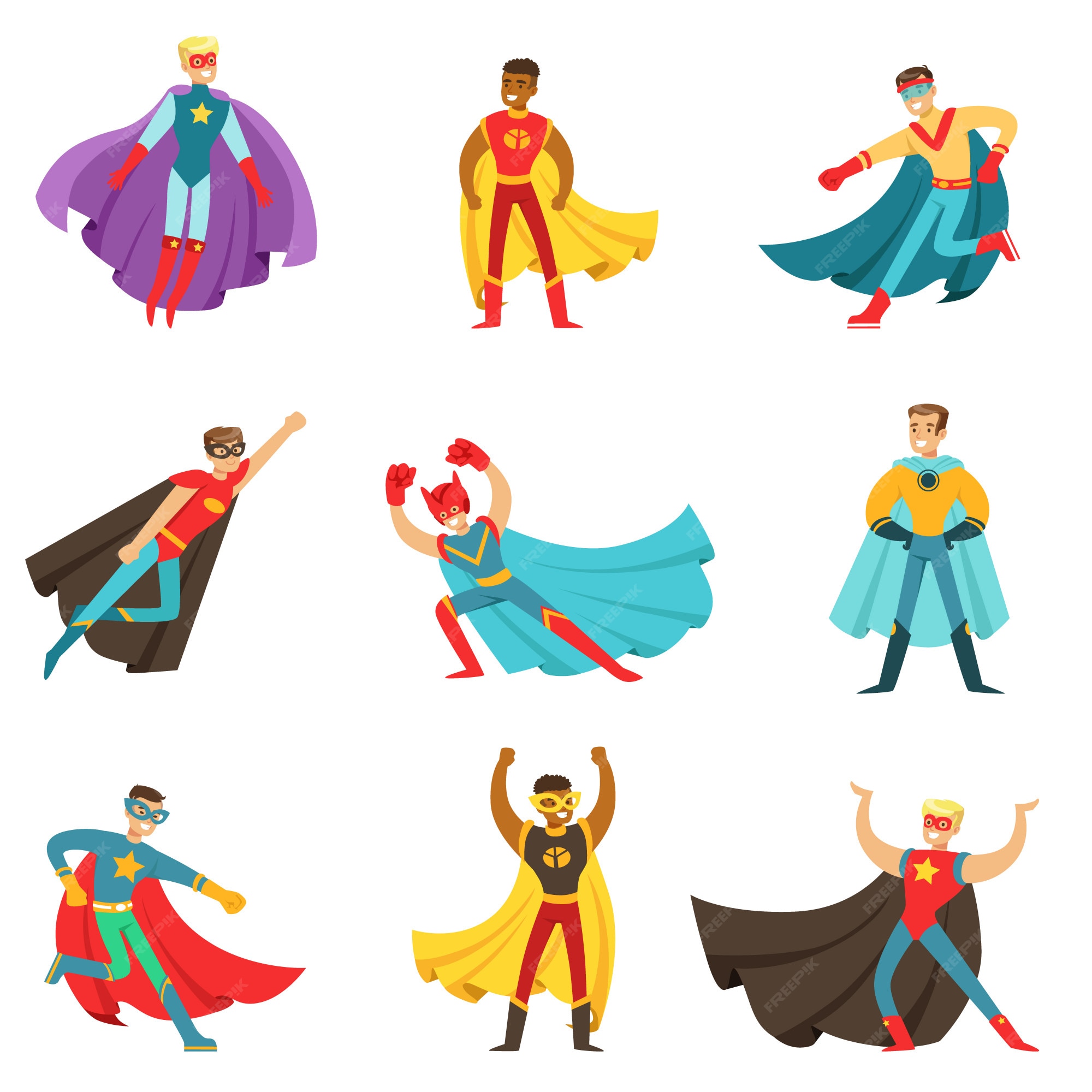 Superhéroes masculinos en trajes de cómics clásicos con capas conjunto de personajes de dibujos animados planos sonrientes | Vector Premium Superhéroes masculinos en trajes de cómics clásicos con capas conjunto de personajes de dibujos animados planos sonrientes | Vector Premium