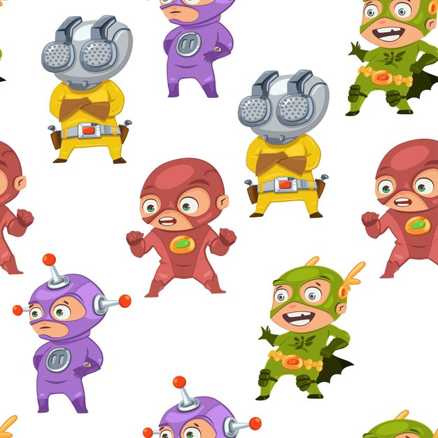 Vector superhéroes para niños dibujos animados vectoriales de fondo sin costuras