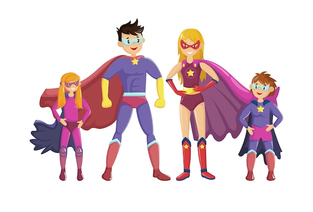 Superhéroes, padres e hijos sonrientes se unen con disfraces de superhéroes