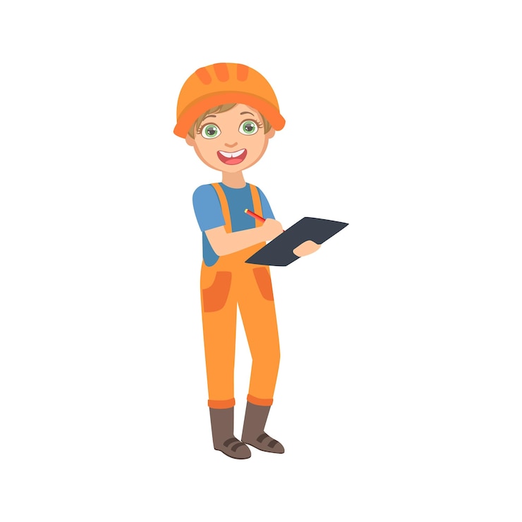 Vector superintendente de trabajo de niño con la lista de verificación niño vestido como constructor en el sitio de construcción profesión de sueño futuro conjunto ilustración