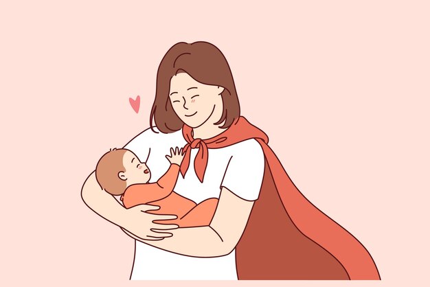 Supermamá con capa roja de héroe sostiene a un bebé feliz sonriendo y regocijándose por el nacimiento del hijo tan esperado