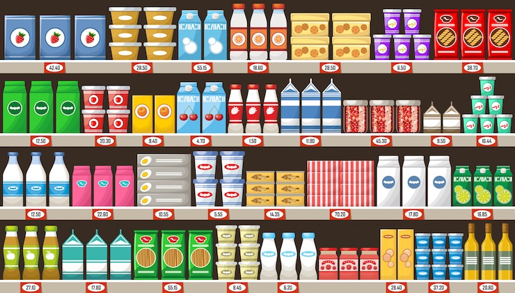 Vector supermercado, estanterías con productos y bebidas.