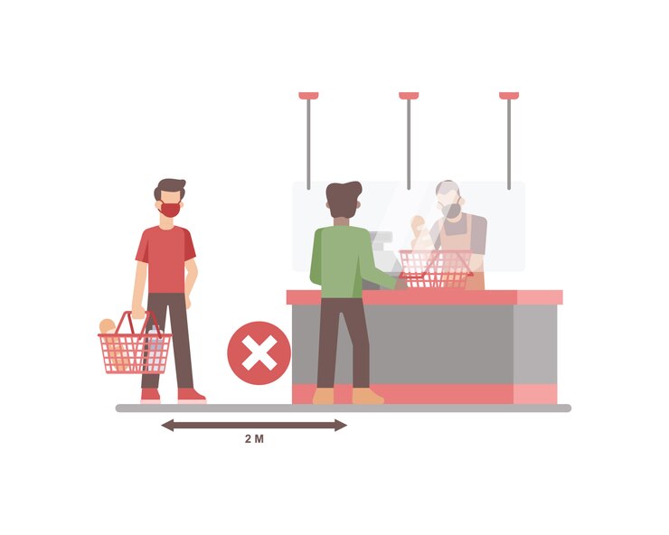 Vector supermercado o tienda de comestibles que aplica distanciamiento social entre cliente o comprador cuando hace cola en la ilustración del mostrador de caja