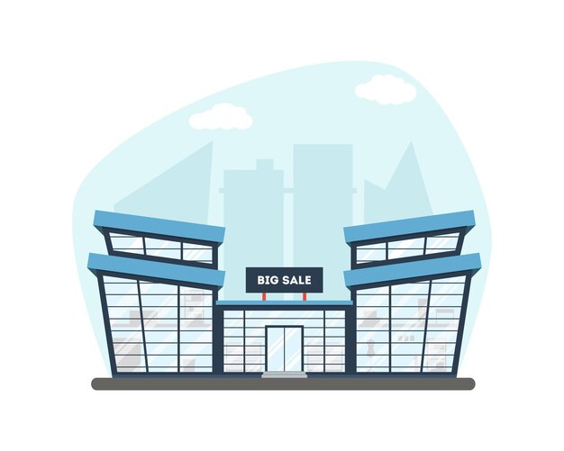 Supermercado plano Edificio del centro comercial en el fondo de la ciudad Bueno para banner de tarjeta Cartel de bienes raíces o postal Lugar de la tienda Arquitectura de marketing comercial Ilustración vectorial