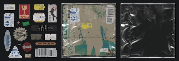 Vector superposición de envoltura de plástico realista para el diseño de la portada del álbum con una colección de pegatinas totalmente editables