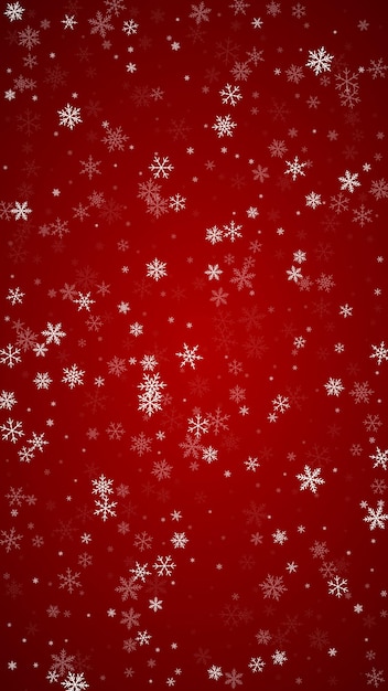Superposición de nevadas de fondo navideño Subtiles copos de nieve y estrellas voladoras en el fondo rojo de Navidad Superposición de nieve festiva Ilustración vectorial vertical