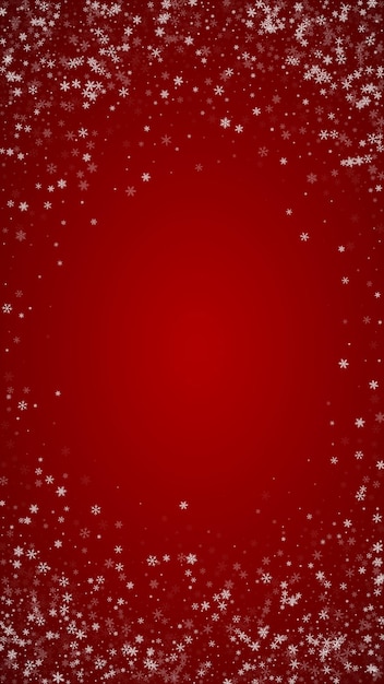 Superposición de nevadas fondo navideño Sutiles copos de nieve voladores y estrellas sobre fondo rojo navideño Superposición festiva de nevadas Ilustración vectorial vertical