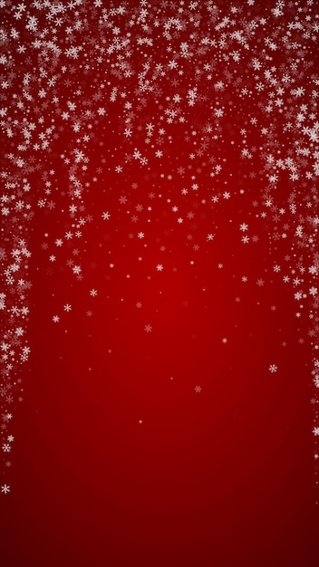 Superposición de nevadas fondo navideño Sutiles copos de nieve voladores y estrellas sobre fondo rojo navideño Superposición festiva de nevadas Ilustración vectorial vertical