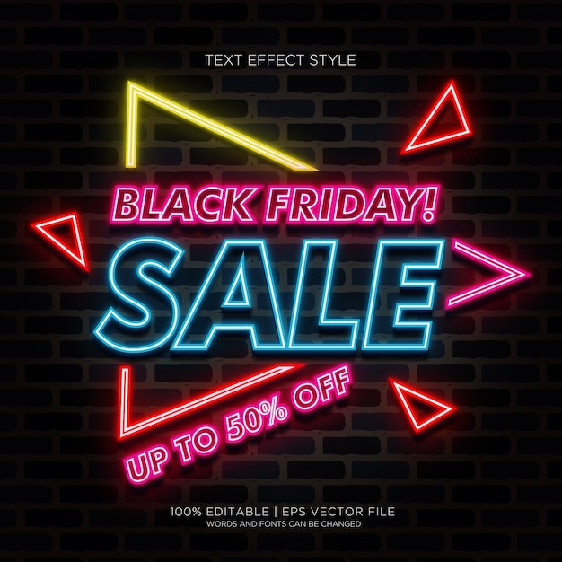 Superventa de Black Friday con hasta un 50% de descuento en banner con efectos de texto de neón