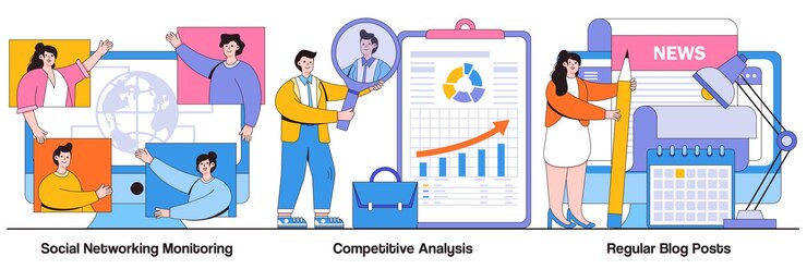 Vector supervisión de redes sociales análisis competitivo publicaciones regulares en blogs conceptos con personajes de personas paquete de ilustración de vectores de marketing y relaciones públicas metáfora de consultor de negocios de inicio de reputación de marca