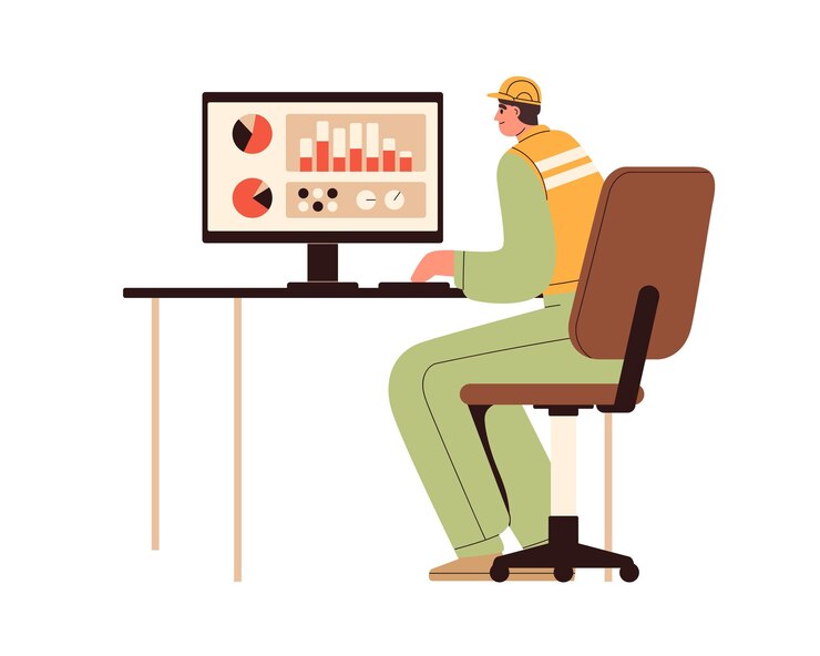 Vector supervisor de la industria en la pantalla de la computadora, monitoreando la producción inteligente en la fábrica. trabajador, operador durante datos, gráficos, análisis de diagramas, control. ilustración de vector plano aislado sobre fondo blanco.