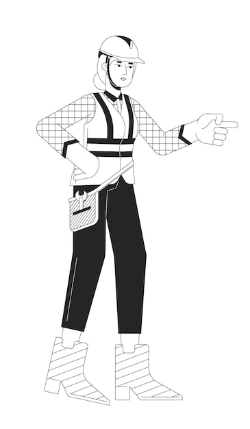 Supervisor de sombrero duro mujer caucásica personaje de dibujos animados en línea 2D en blanco y negro Arquitecto mujer contorno vectorial aislado Ingeniero de construcción Inspección de trabajo Ilustración de punto plano monocromático