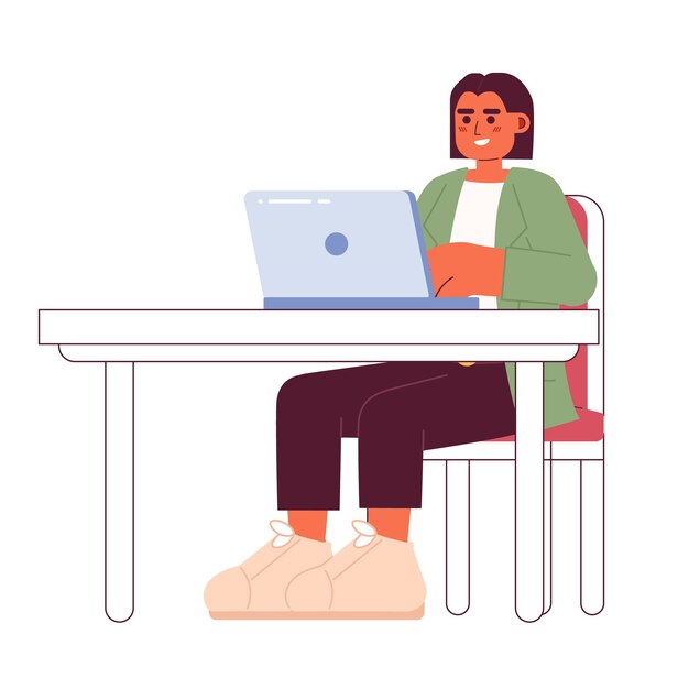 Supervisora hispana sentada con una computadora portátil personaje de dibujos animados 2D computadora portátil mujer de negocios escribiendo lugar de trabajo persona vectorial aislada fondo blanco trabajador profesional ilustración de punto plano de color