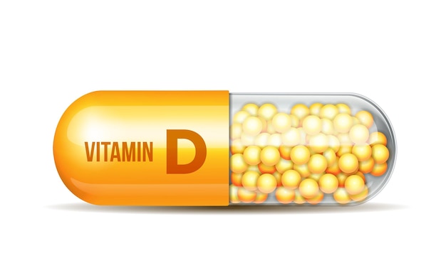 Suplemento de vitamina D para la salud Cápsula con gránulos amarillos símbolo de dieta saludable