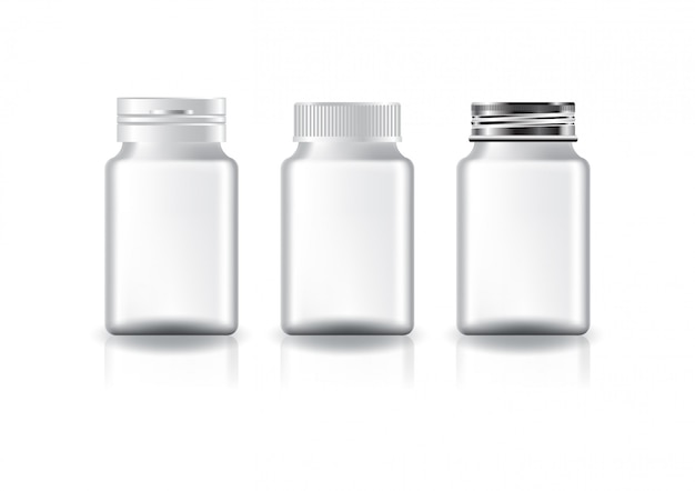 Vector suplementos cuadrados blancos, frasco de medicina (tapa blanca de 3 estilos) para productos de belleza o saludables.